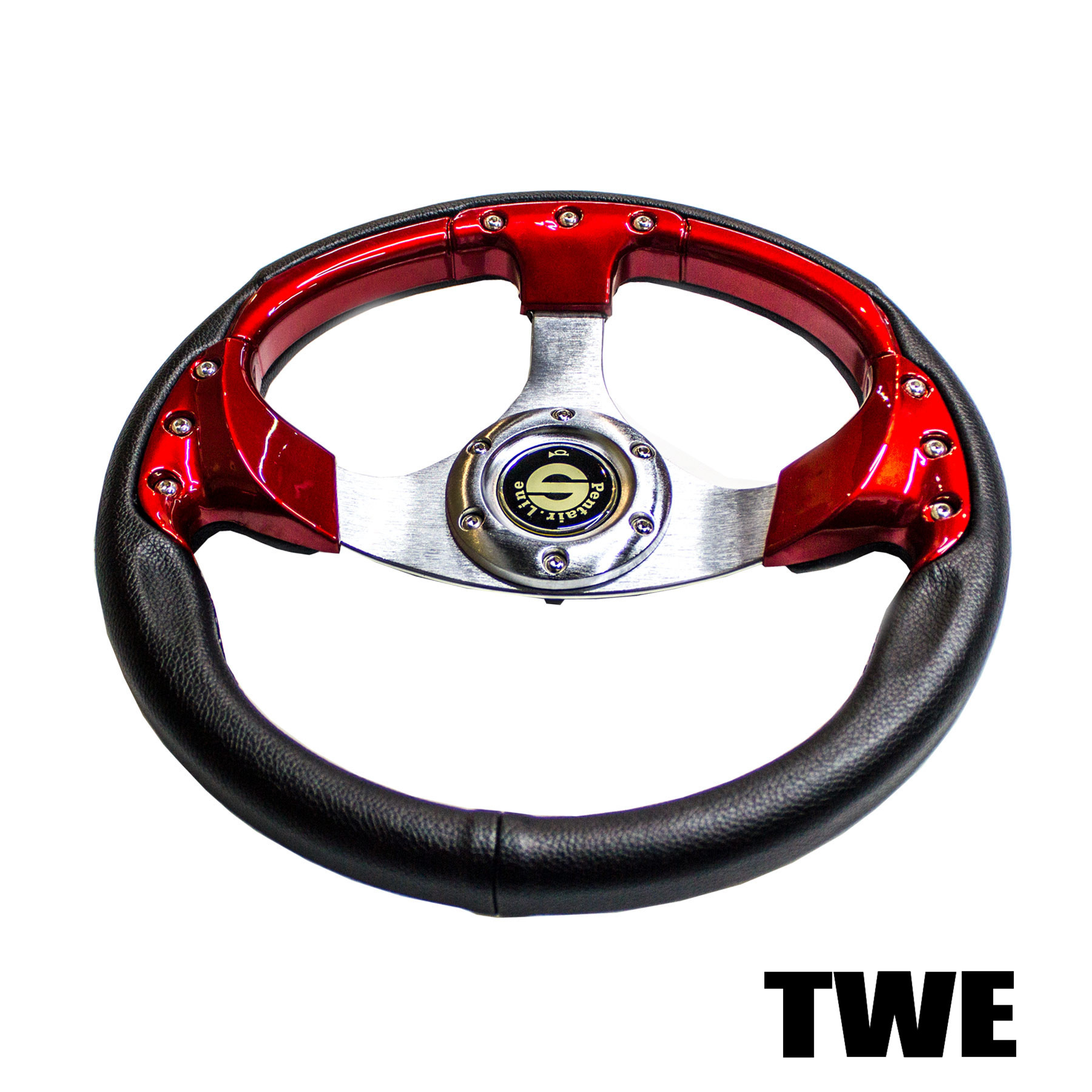 320MM 6 Bolt Blk PVC Leather Red Plastic 3 Chrome Spoke Steering Wheel